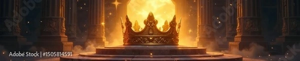 Fototapeta Majestic golden crown rests atop a stylized throne, surrounded by ethereal light and celestial elements Perfect for fantasy, mythology, or divine concepts , reign, fantasy, gleam