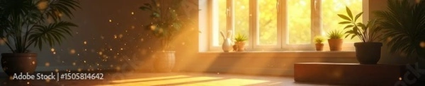 Fototapeta Serene indoor scene featuring sunlight streaming through a window, illuminating dust motes in the air Perfect for relaxation, tranquility, and home themes , light and shadow, cozy