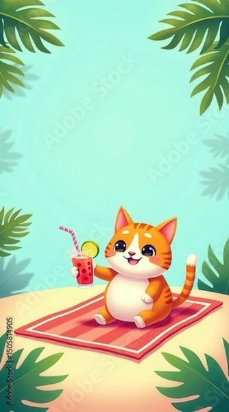 Obraz Cute Cat Enjoying a Summer Drink on the Beach