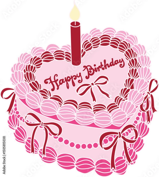 Obraz Line art drawing bow ribbons around pink heart shape Happy Birthday cake, clipart coquette aesthetic for design element . Vector illustration.	