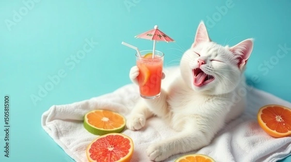 Obraz Happy Cat Enjoying a Summer Citrus Drink