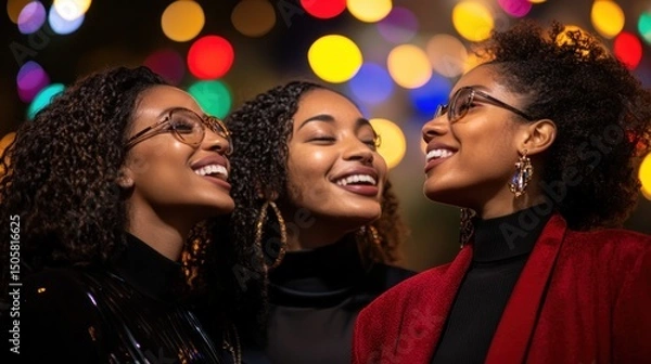 Obraz Three happy women laughing at night with bokeh lights.