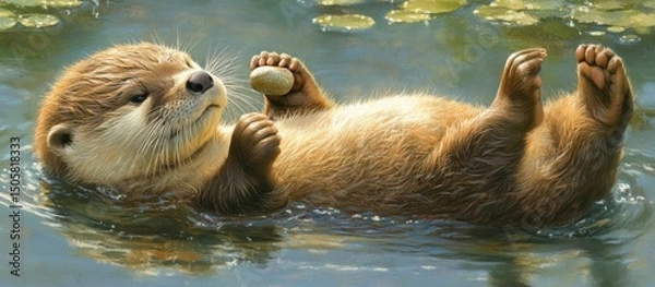 Fototapeta Adorable otter pup floats on its back in calm water, holding a smooth stone.
