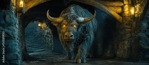 Fototapeta Mythical dark bull with glowing eyes in a stone tunnel.