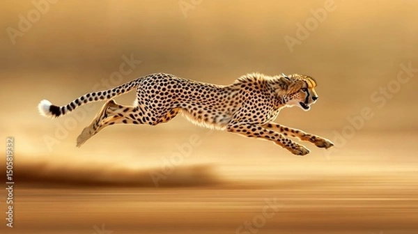 Fototapeta Cheetah in full stride, running across a sandy plain at sunset.
