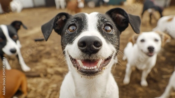 Obraz Happy dog smiling at camera surrounded by other dogs in shelter.