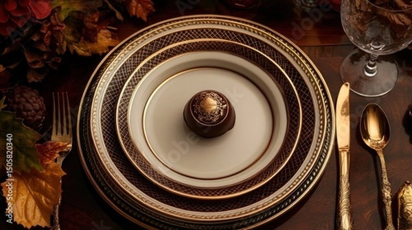 Fototapeta Elegant autumnal table setting with chocolate.