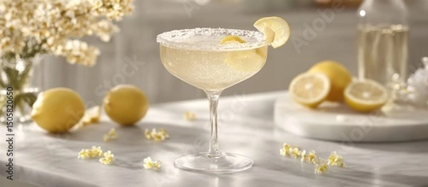 Fototapeta Sparkling lemon cocktail in coupe glass garnished with lemon twist and sugar rim, on marble surface with lemons and flowers.