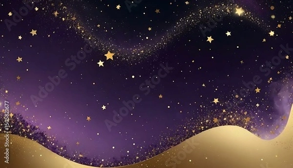 Fototapeta Golden stars twinkle across a dreamy purple and gold gradient background, evoking magic and wonder.
