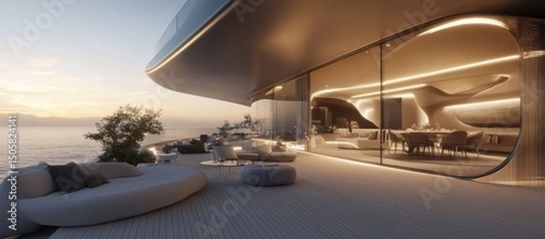 Fototapeta Modern luxury oceanfront home with sunset view, featuring a large terrace with comfortable seating and stunning indoor-outdoor design.