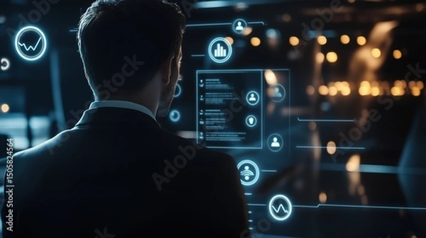Fototapeta Back view of a man in a suit looking at glowing data dashboards