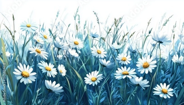 Fototapeta Hand-Painted Daisy And Gerbera Flowers In Fields: Vibrant Floral Artwork Of Spring And Summer Season With Soft Blue And Green Tones