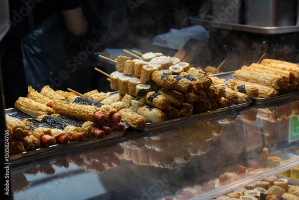 Fototapeta Korean street food skewers with warm, inviting mood, freshly cooked at Seoul, South Korea, Myeongdong Market stall