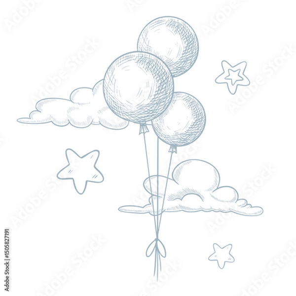 Fototapeta Vector drawing of Balloons floating among fluffy clouds and stars. Linear drawing of party elements for baby shower greeting cards or childish invitations. Engraving for nursery or birthday design.