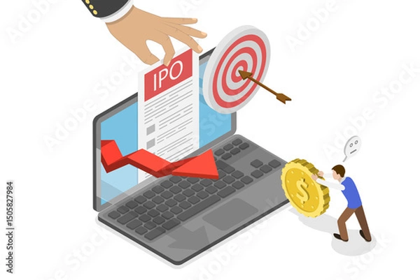 Obraz 3D Isometric Flat  Illustration of Initial Public Offering, IPO, Launch and Strategy of Public Stock