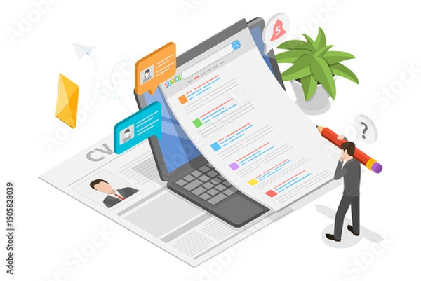 Obraz 3D Isometric Flat  Illustration of Job Seeker, Applying for Job, Hiring Competition