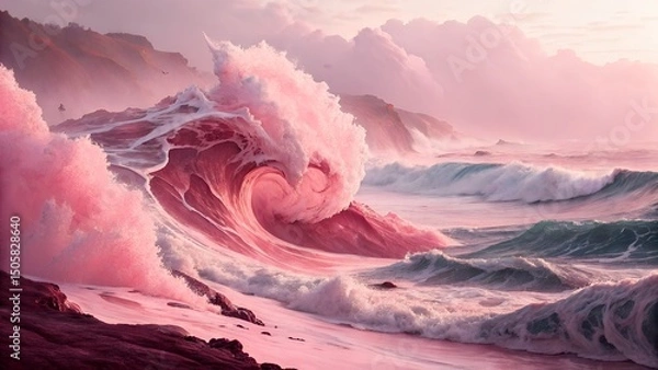 Fototapeta Pink Wave Paradise A Generated AI Seascape