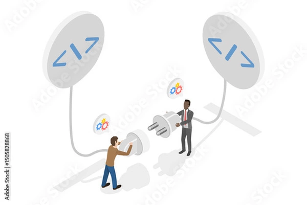 Fototapeta 3D Isometric Flat  Illustration of Application Programming Interface , Programmer Establishes Connection Between Coding Programs