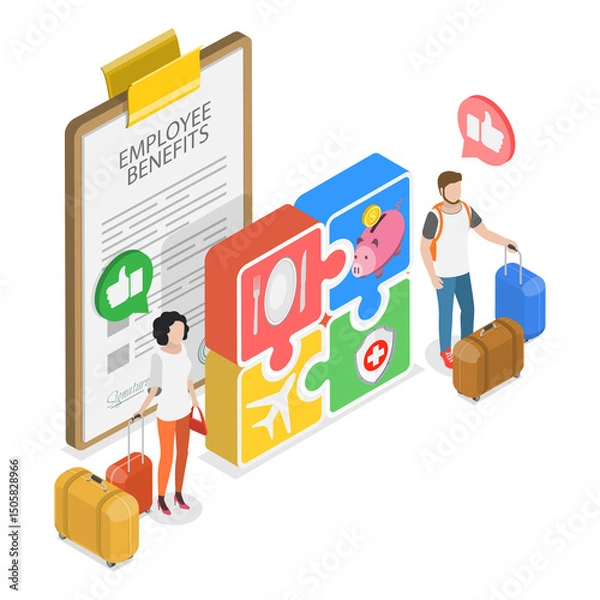 Obraz 3D Isometric Flat  Illustration of Employee Benefits Package, Implementing Essential Workplace Perks For Employees