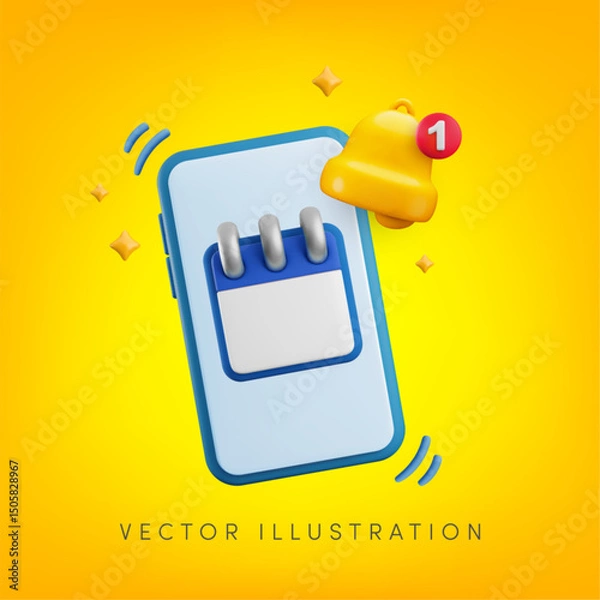Fototapeta Vector cartoon 3d mobile calendar reminder banner. Realistic render calendar and alert bell on smartphone screen. Time management, schedule concept, deadline reminder app, work planning illustration.