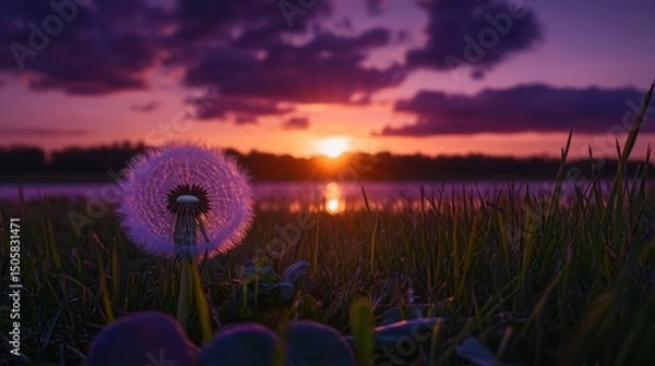 Obraz Dandelion Seeds Blowing in the Wind at Sunset with Dreamy Sky and Soft Golden Light