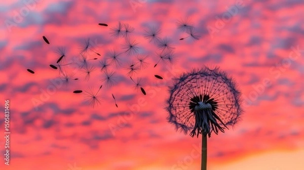 Obraz Dandelion Seeds Blowing in the Wind at Sunset with Dreamy Sky and Soft Golden Light