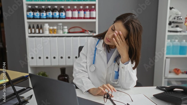 Fototapeta Woman doctor sitting stressed in hospital clinic workplace with medical equipment in background appears exhausted with head resting on hand during workday.