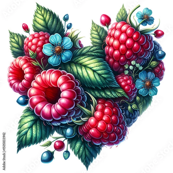Obraz Sweet summer fruits raspberry heart isolated on white background