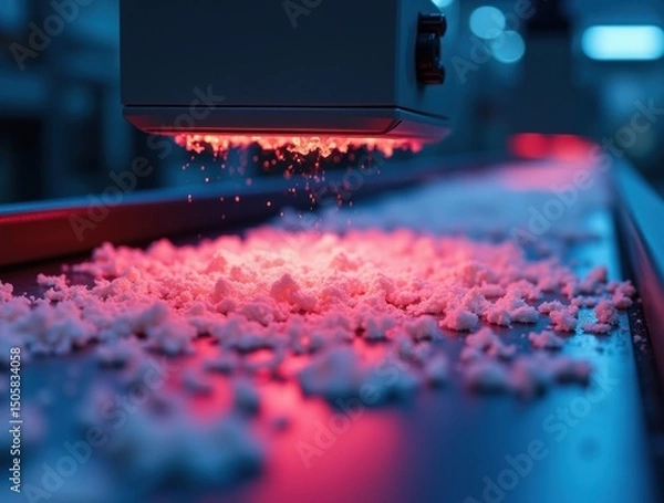 Fototapeta NIR infrared sensor scanning polymer flakes identifying plastic types by chemical composition on conveyor belt

