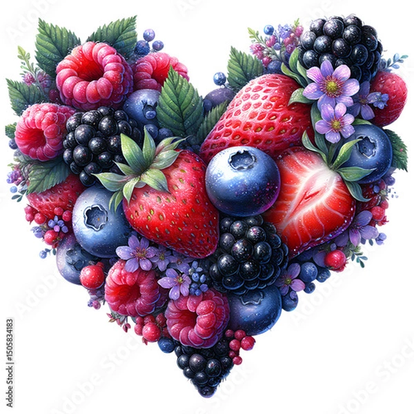Obraz Sweet summer fruits wild berries heart isolated on white background
