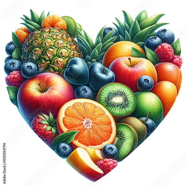 Obraz Sweet summer tropical fruits and berry heart isolated on white background