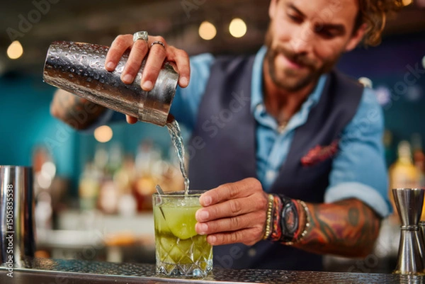 Fototapeta Bartender pouring cocktail with ice cubes using shaker in bar with stylish background lighting