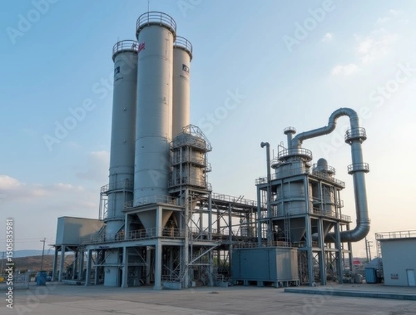 Fototapeta Carbon capture plant with rotating packed bed technology and solvent processing towers in industrial complex


