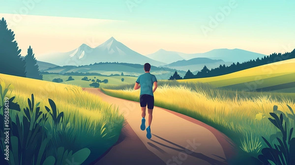 Fototapeta Running along a peaceful countryside path a jogger