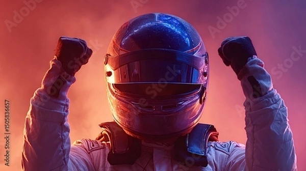 Obraz Racing driver wearing a helmet and protective suit raises their fists in celebration, illuminated by dramatic red and blue lighting, signifying victory and triumph in motorsport
