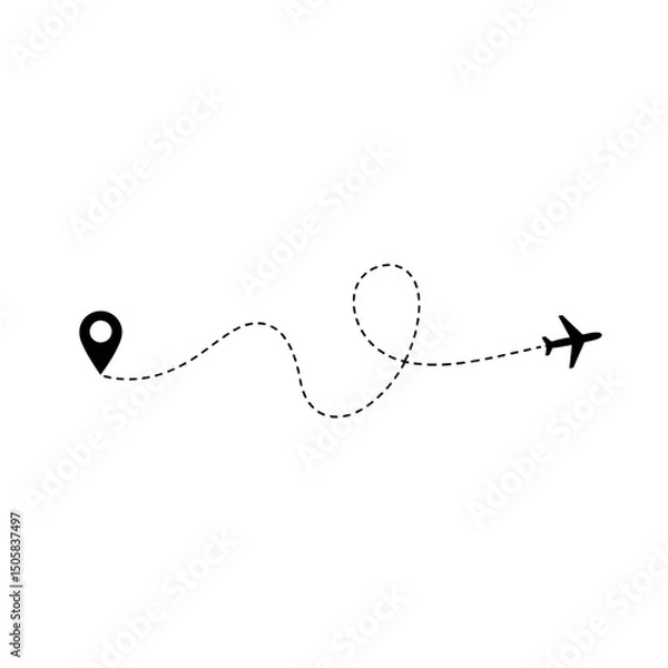 Fototapeta Vector art of Airplane route with dotted line from location pin isolated on white background showing travel path, flight destination, and journey navigation