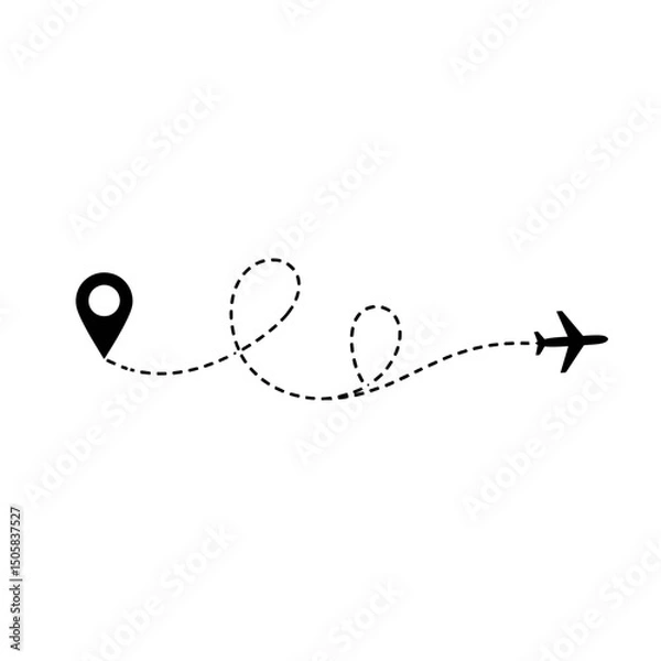 Obraz Vector art of Airplane route with dotted line from location pin isolated on white background, representing travel, destination, and navigation for tourism and transport