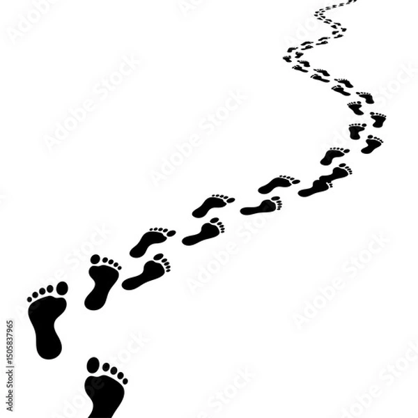 Fototapeta Vector art of Footprints trail isolated on white background, showing a winding path of human steps, symbolizing journey, direction, and progress in a simple graphic design.
