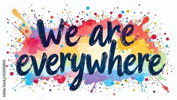 Fototapeta We Are Everywhere Pride Typography, Hand-Drawn Rainbow Brush Lettering, Abstract Paint and Glitter Effects, Bold Street Art Calligraphy on White or Pastel Background