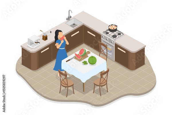 Obraz 3D Isometric Flat  Illustration of Healthy Snack, Female Preparing Fresh Watermelon For Nutritious Snack In Detox Menu