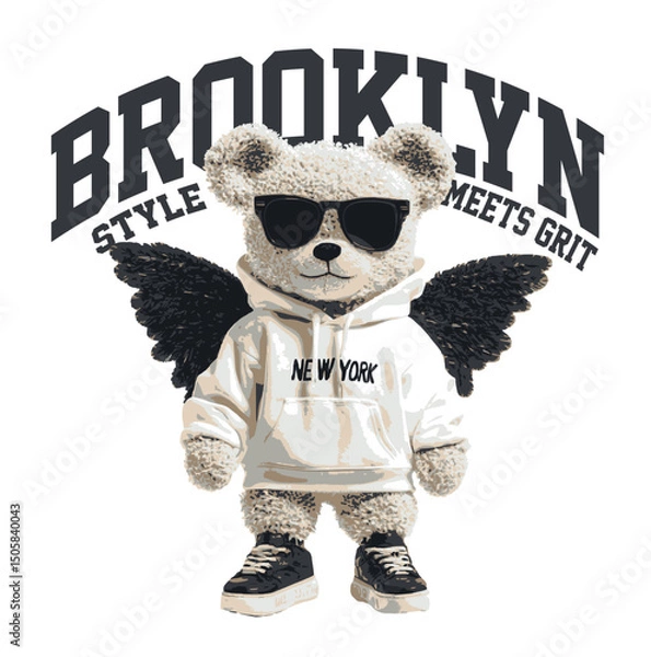 Obraz New York themed teddy bear vector illustration.Teddy bear vector hand drawn illustration cute print design for kids.College themed, cute animal graphic print for textiles. Teddy bear graphic.