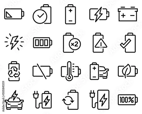 Fototapeta Line icons set of batteries and electric charging. Includes power indicators, eco energy, EV, battery levels, temperature, and safety symbols for UI, apps, and infographics
