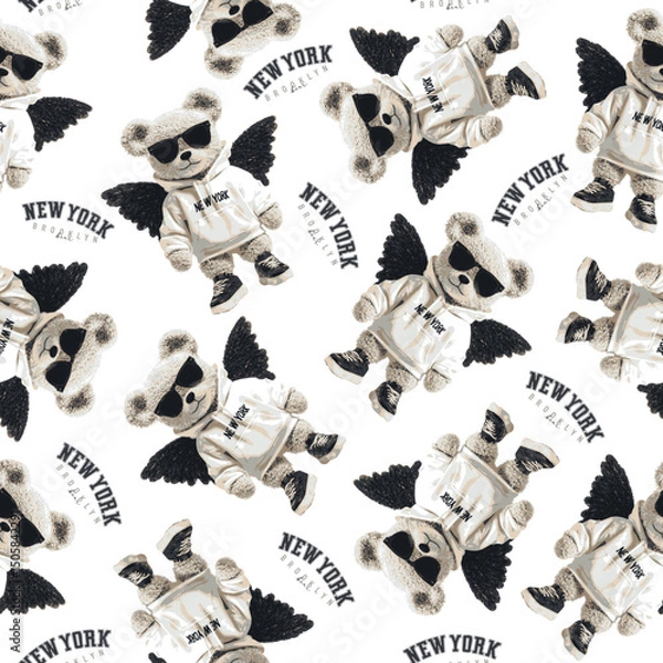 Obraz New York themed teddy bear vector pattern.Teddy bear vector hand drawn illustration cute print design for kids.College themed, cute animal graphic print for textiles. Teddy bear pattern.