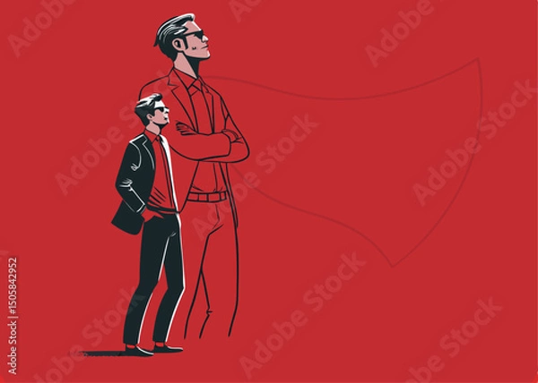 Fototapeta Bold Ambition: A dynamic illustration of two confident figures, one standing tall in the forefront, the other casting a powerful shadow.
