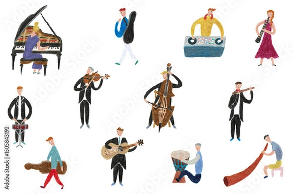 Fototapeta 手描きイラスト　楽器を演奏する人物のセット