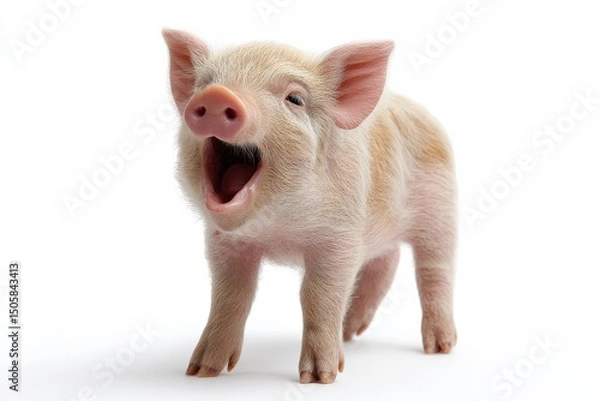 Fototapeta Adorable piglet with a wide yawn, standing against a white background.