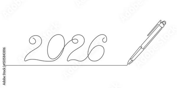 Fototapeta Inscription 2026. Ballpoint pen. Pen continuous line .One line drawing. Vector illustration