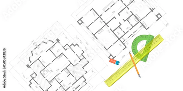 Fototapeta House plan project .Engineering education. Architectural plan .Ruler and protractor. Vector illustration