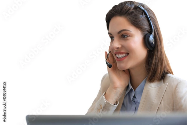 Fototapeta Woman customer support operator with headset and smiling on a transparent background