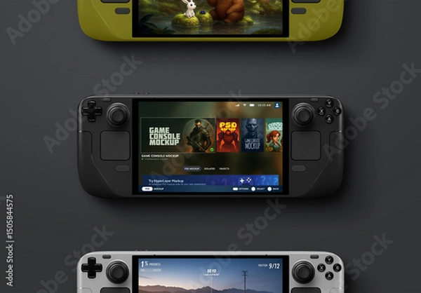Fototapeta Game Console Mockup – Handheld Deck Flat-Lay (3 Views)